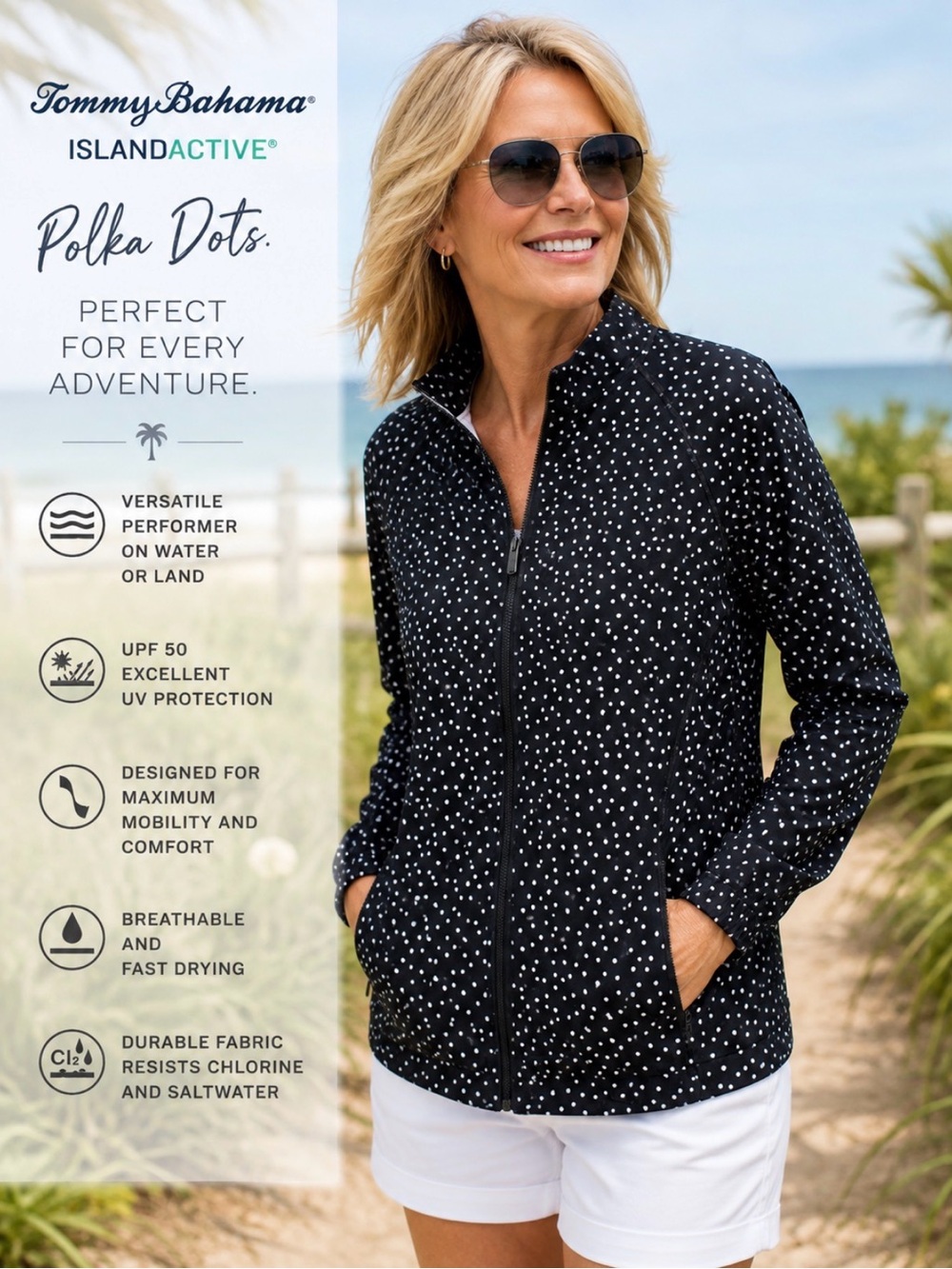 NWT Tommy Bahama Women’s Black Polka Dot Zip-Up Active UPF50+ Jacket, Large